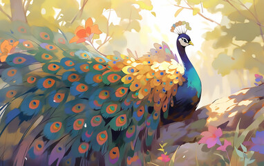 Abstract cartoon cute peacock illustration in the park. Generative AI technology.