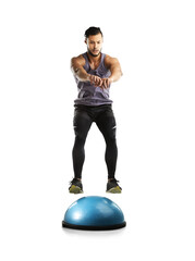 Naklejka na ściany i meble Workout, man with jump on ball for fitness and isolated against a transparent png background. Training, exercise and sports health for wellness of male athlete with gym equipment and sportswear