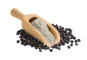 black pepper powder in wood scoop on transparent png
