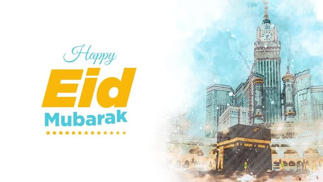 Happy eid mubarak greeting animation with a beautiful watercolor sketch of the Kaaba landscape as background.