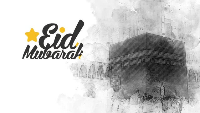 Eid greeting animation with a beautiful watercolor black and white sketch of Kaaba as the background.