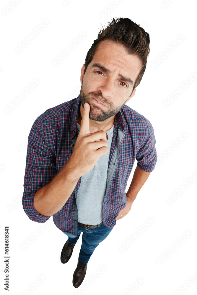 Poster top view, portrait and man with doubt, confused and model isolated against a transparent background.