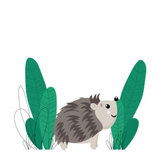 Vector hand-drawn children's illustration, print, the card with the cute hedgehog in flat stile on the white background. 