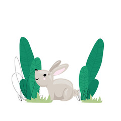 Vector hand-drawn children's illustration, print, the card with the cute rabbit in flat stile on the white background. 