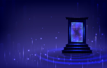 Portal to another universe with lightning. Teleport podium. Sci-fi magic gate in game fantasy. Podium for showing and display. Landing page. Web design interface Empty space.