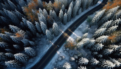 Snow covered trees and road, winter, Generative AI illustration 