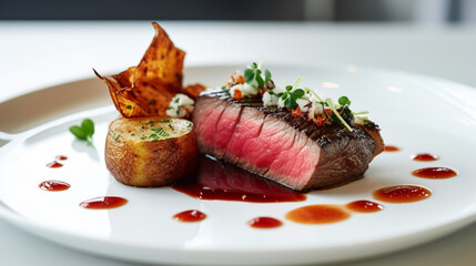 steak grilled with fresh ingredients well flavor on beautiful plate, served on restaurant table background for meals, dinner, lunch for delicious food theme