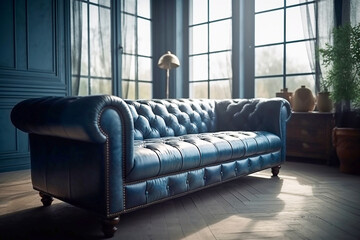 Leather blue sofa in living room against the background of the window, created with Generative AI technology.