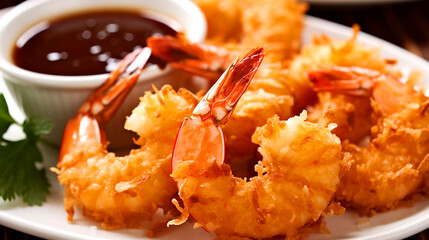  fried shrimp on a platter with hot sauce - obrazy, fototapety, plakaty