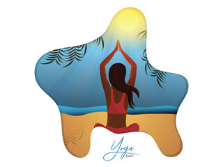 Rear View of Young Girl Doing Meditation on Abstract Sand and Blue Background and Sun. International Yoga Day Poster or Banner Design.
