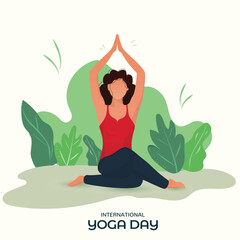 International Yoga Day Poster Design with Faceless Young Woman Doing Yoga Asana on Nature View.