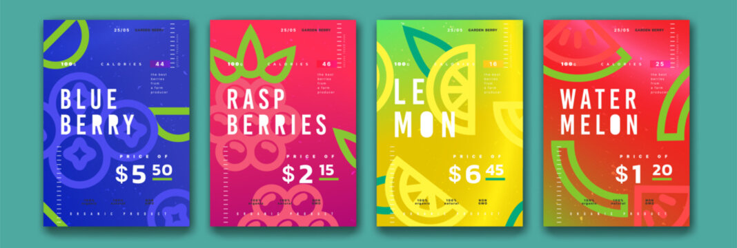 Abstract fruit posters. Organic products price labels. Blueberry and raspberry. Grocery flyers. Lemon and watermelon. Geometry patterns. Summer citrus. Vector exact banners design set