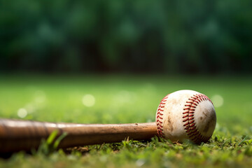ball and baseball bat close up green field background