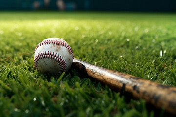 ball and baseball bat close up green field background