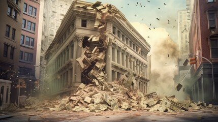 A bank building with bank notes collapsing down. Economic, banking, and fiat money crisis concept. Generative AI - obrazy, fototapety, plakaty