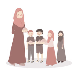 Muslim Woman wearing Hijab Giving Zakat Donation Charity to Children