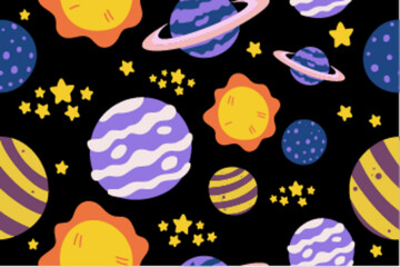 Kawaii Outer Space Seamless Pattern Background. Cute Cosmic Perfect Kids Apparel Doodle Cartoon for Galaxy Exploration Universe Trendy Wrapping Textile Collage Graphic Print Vector Illustration