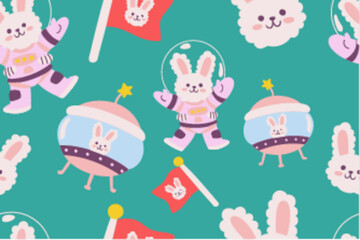 Kawaii Outer Space Seamless Pattern Background. Cute Cosmic Perfect Kids Apparel Doodle Cartoon for Galaxy Exploration Universe Trendy Wrapping Textile Collage Graphic Print Vector Illustration