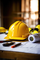 Yellow hard safety helmet hat and the blueprint, pen, ruler, protractor, and tape measure on the table at the construction site.for safety project of workman as engineer or worker