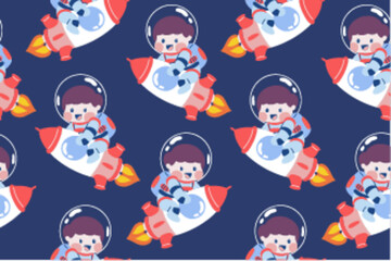 Fototapeta na wymiar Kawaii Outer Space Seamless Pattern Background. Cute Cosmic Perfect Kids Apparel Doodle Cartoon for Galaxy Exploration Universe Trendy Wrapping Textile Collage Graphic Print Vector Illustration