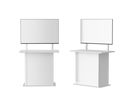 Blank White Screen TV Stand Mount Cart Exhibition LED Advertising Display. 3d render illustration.	