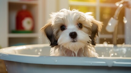 Adorable puppy in a bath. Sudsy dog in a tub. Cute Maltese Shi-tzu.