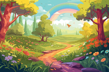Spring landscape of forest with trees grass nature valley park with meadow and flowers field in spring with rainbow cartoon vector art illustration background generative ai