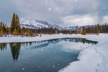 Snowfall Over Wintry Cascade Ponds In Banff