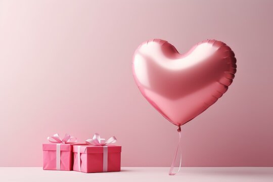 Romantic pink room background with balloons hearts and gift box. Valentine's Day or Mother's Day and birthday wedding greetings.