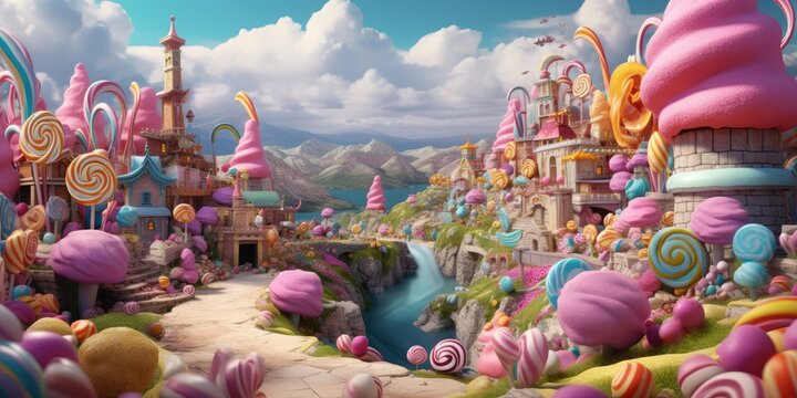 Colorful candyland in pastels. Candy castle with ice cream and lollipop trees. Sweet, dessert, birthday background.