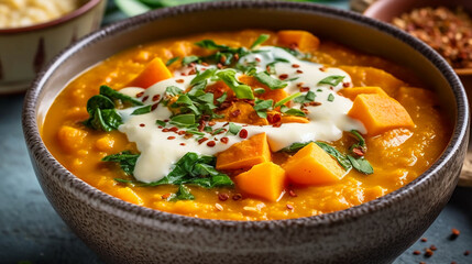 bowl of creamy and nutritious sweet potato and lentil soup
