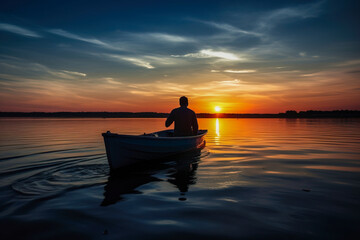 Naklejka na ściany i meble Fisherman in boat on the river at sunset, India. Generative AI