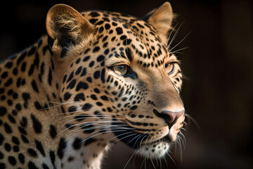 Fototapeta na wymiar Leopard in the wild, close-up portrait of a wild animal. Generative AI