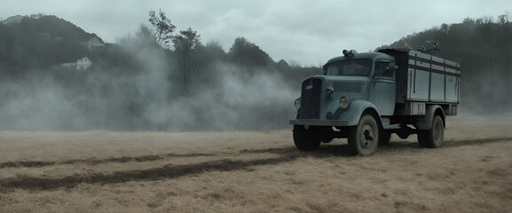 Photo of a green truck speeding down a dusty rural road