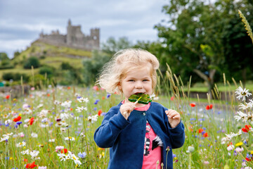 Cute toddler girl with Irish cloverleaf lollipop with Rock of Cashel castle on background. Happy...