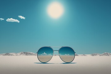Sunglasses on the beach. Sunglasses with the sea and sky reflection. Blurry background. Vision concept. Generative AI