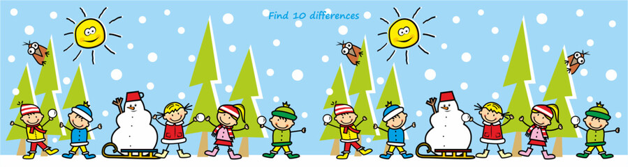 Find ten differences, little kids with sledge and snowman, leisure activity, vector illustration