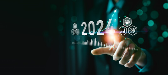 Business growing in 2024. analytical businessman planning business growth 2024, strategy digital marketing, profit income, economy, stock market trends and business, technical analysis strategy