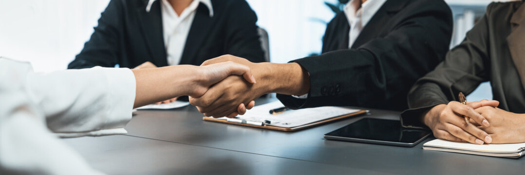 Successful job interview at business office end with handshake as the hired candidate seals the deal with the HR team recruiter by handshaking after successful interview. Panorama shot. Prodigy