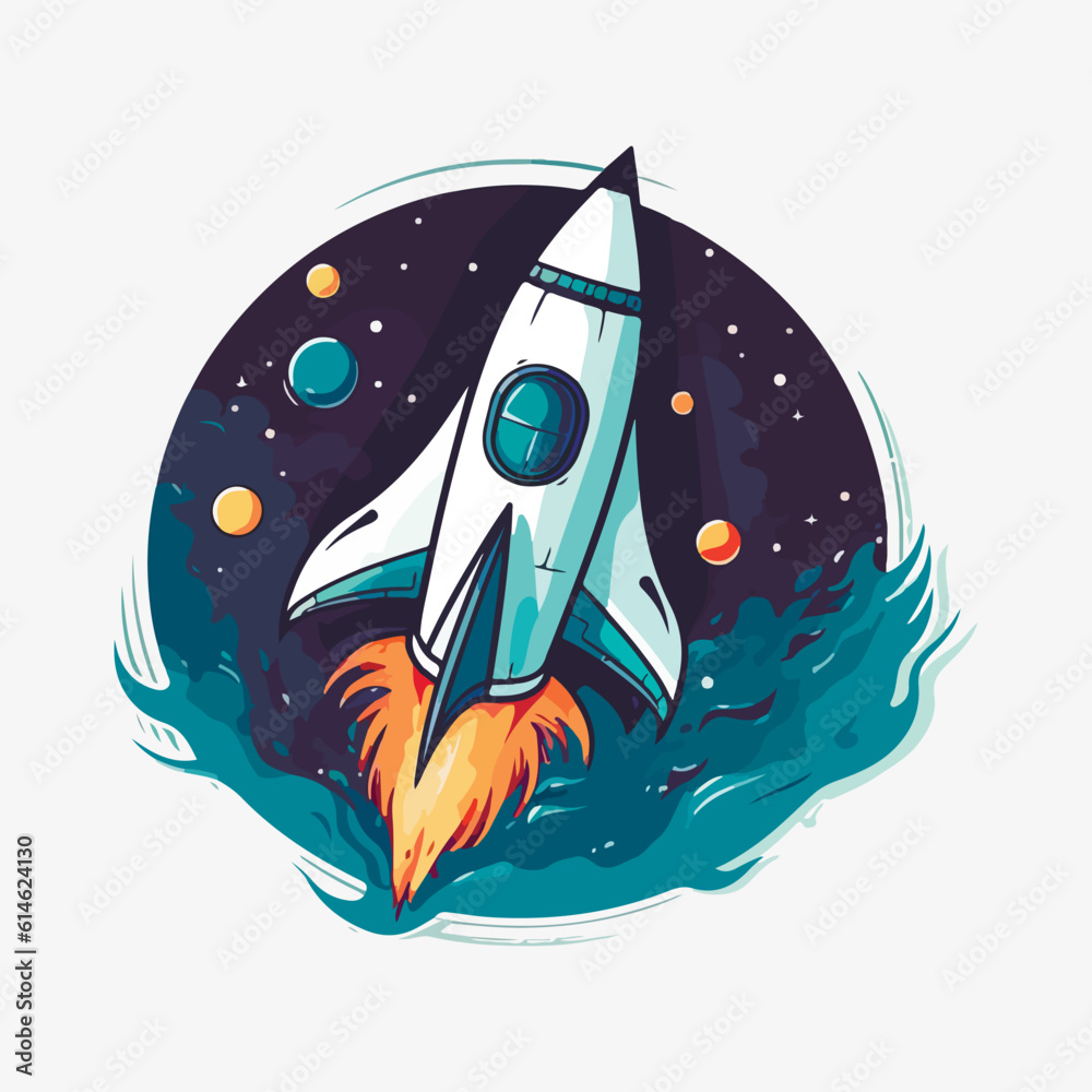 Wall mural Starship logo. Space satelite retro shuttle moon discovery logotypes of observatory vector badges isolated. Shuttle and satellite, spaceship and rocket adventure illustration