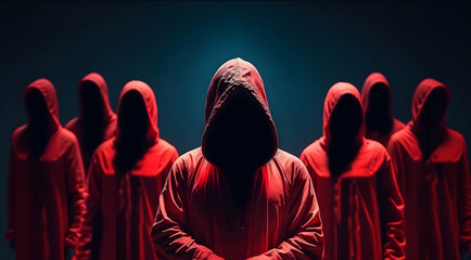People cultists in hooded red dark background. Concept banner devil cult, evil rite to hell. Generation AI - obrazy, fototapety, plakaty