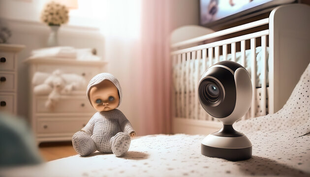 Video camera CCTV for control baby near crib with child room. Generation AI