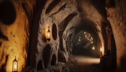 Derinkuyu underground city ancient cave in Cappadocia, Turkey. Generation AI
