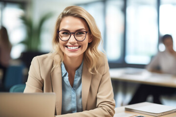 Portrait of cheerful businesswoman smiling at the meeting. Marketing manager using computer technology or banking services. Generative Ai content.