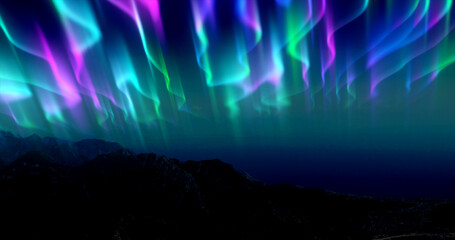 The abstract background of the multi -colored northern lights and mountains in the north, a bright iridescent realistic light light in the sky