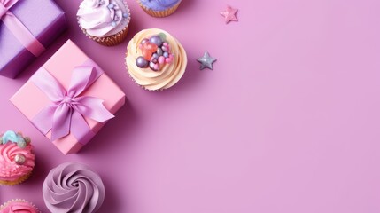 Obraz na płótnie Canvas Birthday theme with cupcake dessert and gift box flat lay on pink background. Gennerative Ai