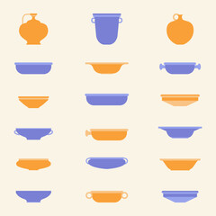 Vector flat illustration set. Various vases for drinking and eating