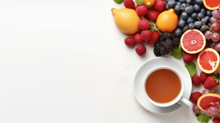 Obraz na płótnie Canvas Fresh fruits and hot drink on a white background for healthy food concept copy space flat lay style. Generative Ai