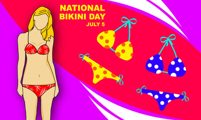 a female model wearing a red bikini. yellow and blue bikinis with different patterns and bold text commemorate national bikini day on july 5th
