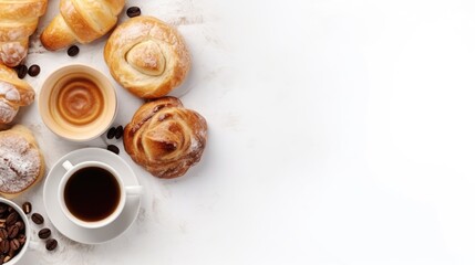 Fototapeta na wymiar Banner of pastry theme with croissant,bread and cup coffee top view on white background. Generative Ai